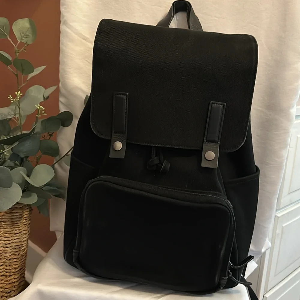 Everlane Modern Snap black cinch closure padded interior cotton blend backpack
